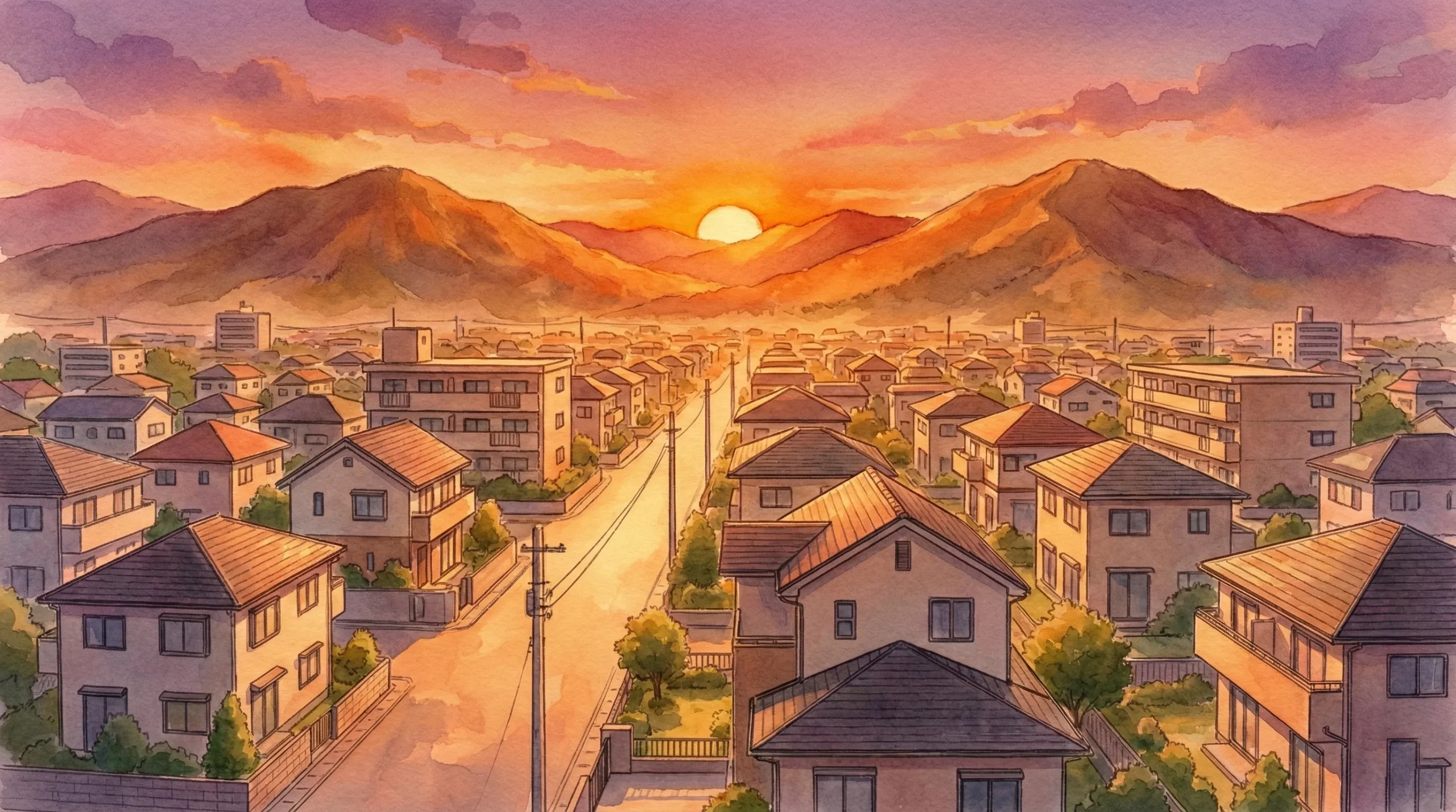 冬至の夕暮れの街の様子