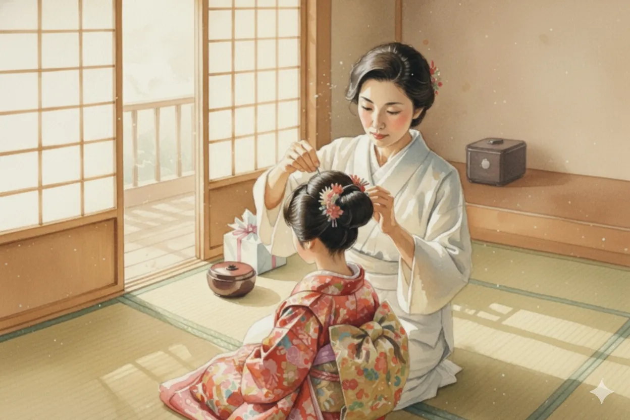 七五三の支度をする母親と子どもの手元。朝の光が差し込む穏やかな情景。