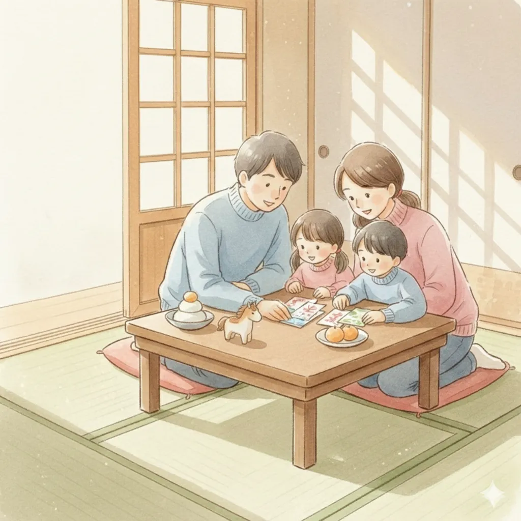 家族が年賀状を眺める温かなひととき。日本の“年をいただく”文化を感じる水彩イラスト。