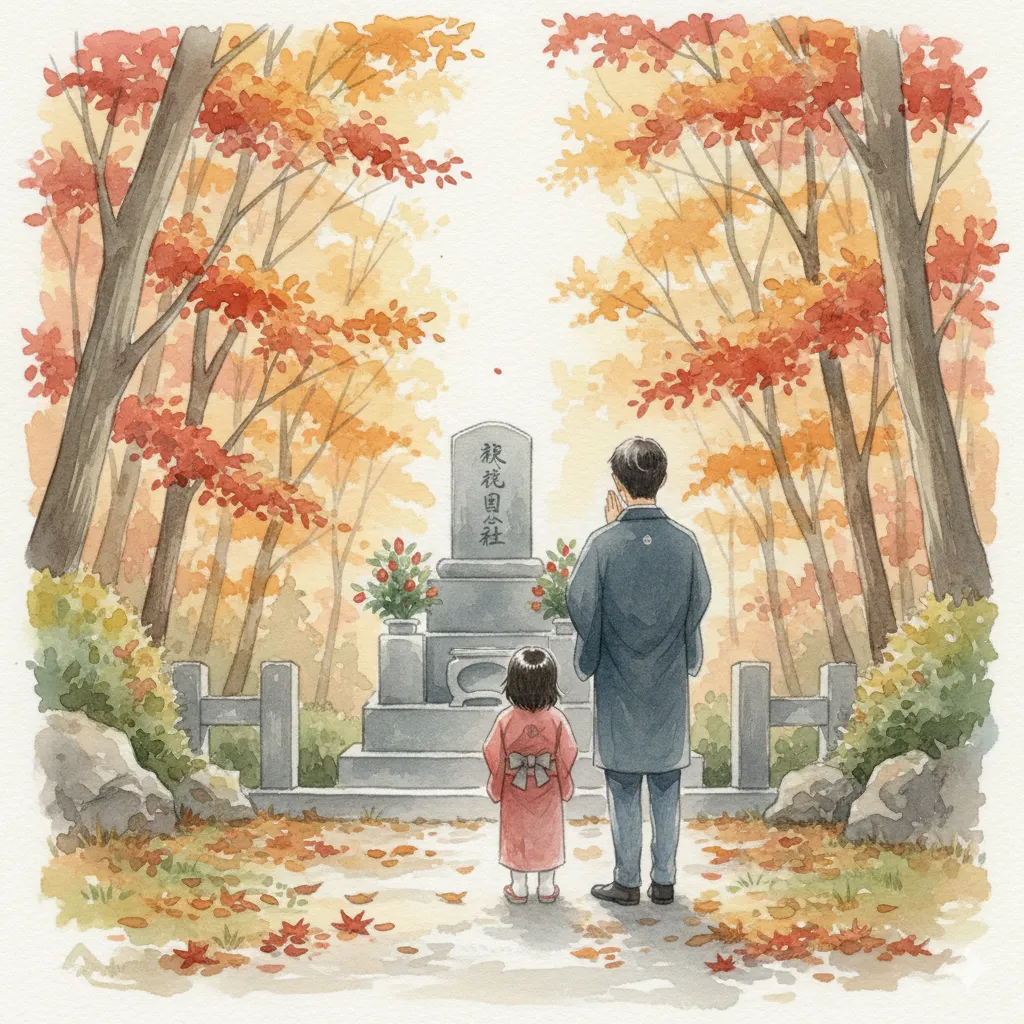 墓前で手を合わせる親子。秋の紅葉とやさしい光に包まれた静かな祈りの情景。