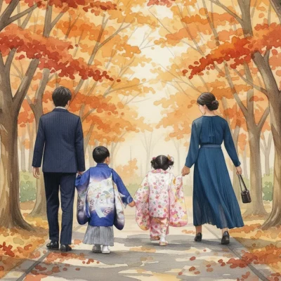 七五三を迎えた家族が秋の参道を歩く水彩画風イラスト。柔らかな光と紅葉が彩る穏やかな情景。