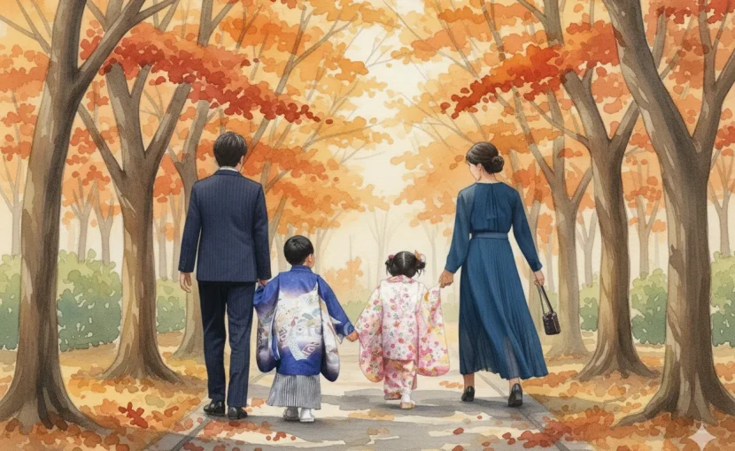 七五三を迎えた家族が秋の参道を歩く水彩画風イラスト。柔らかな光と紅葉が彩る穏やかな情景。