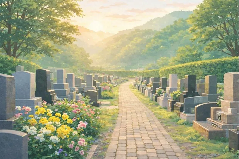 お墓探しを考え始めるきっかけをイメージした架空の墓園イラスト