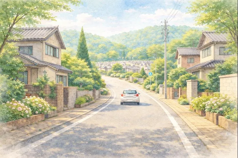 日常の街並みの延長として通いやすさをイメージした架空の墓園への道の水彩イラスト